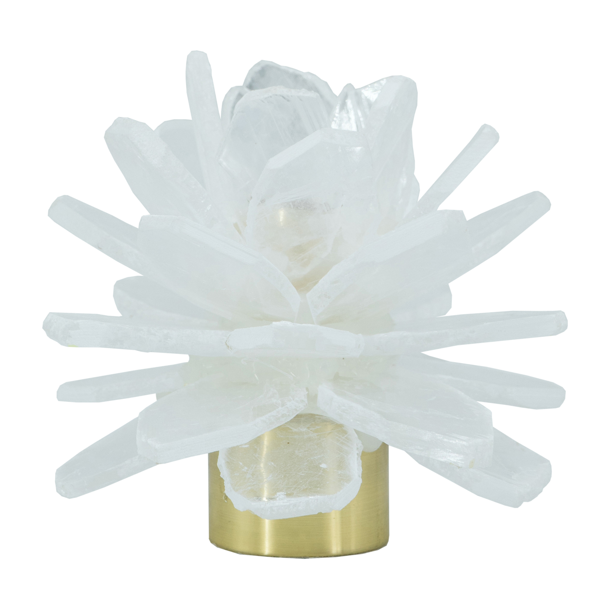 Sel 6 Inch Candle Holder, Selenite Stone Flower Accent, Gold, Clear Blue- Saltoro Sherpi
