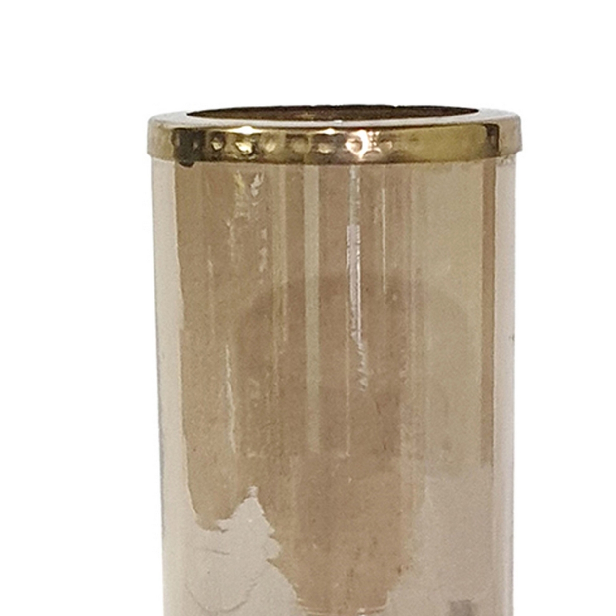11 Inch Glass Hurricane Candle Holder, Acacia Wood, Small, Gold FInish- Saltoro Sherpi