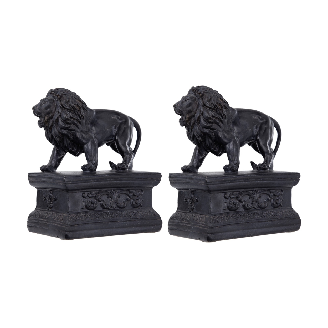Ari Set Of 2 Classic Bookends, Lion Statuette Figurines, Glossy Black Resin- Saltoro Sherpi