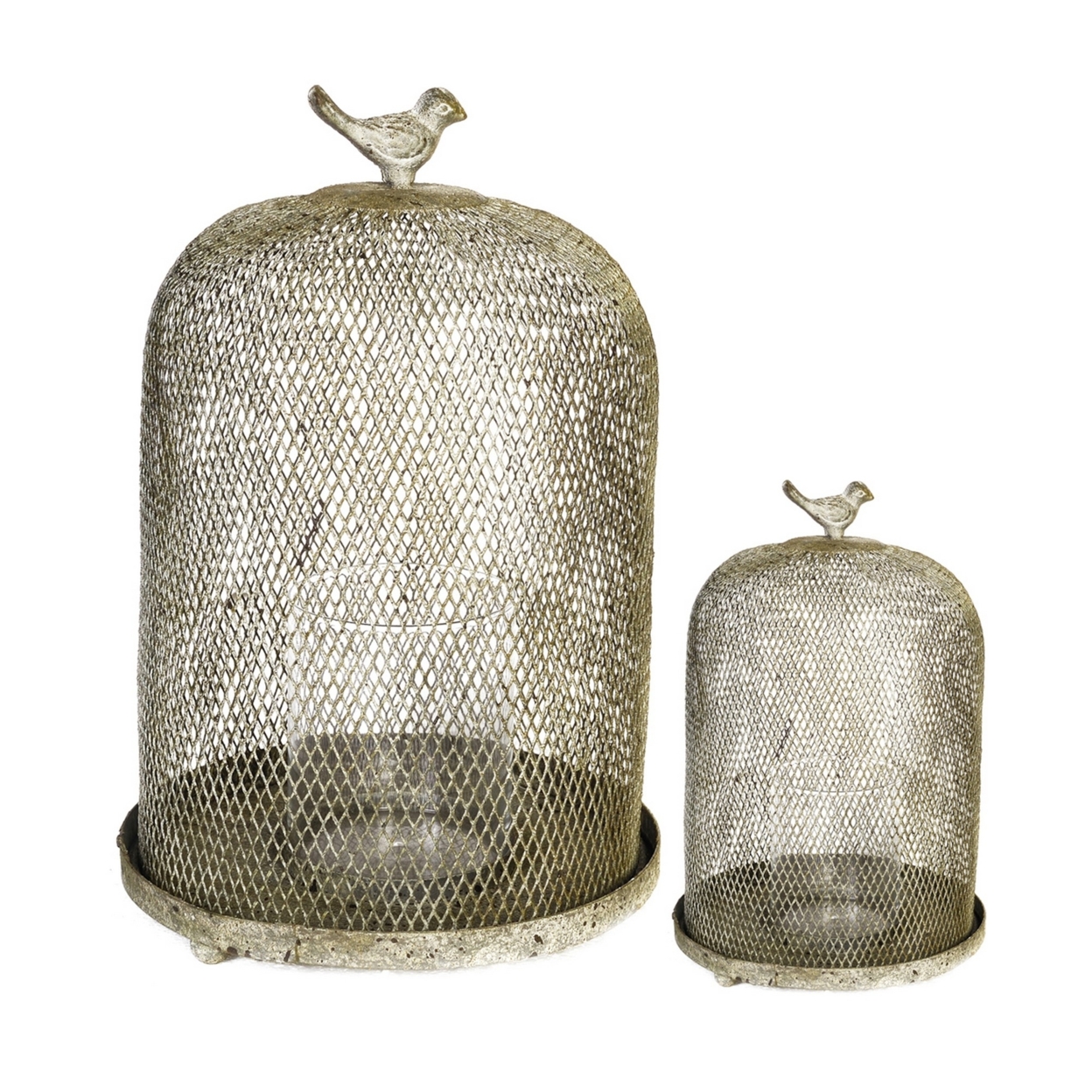 Set Of 2 Hanging Candle Holders, Antique Inspired, Sparrow Accents, Gray- Saltoro Sherpi