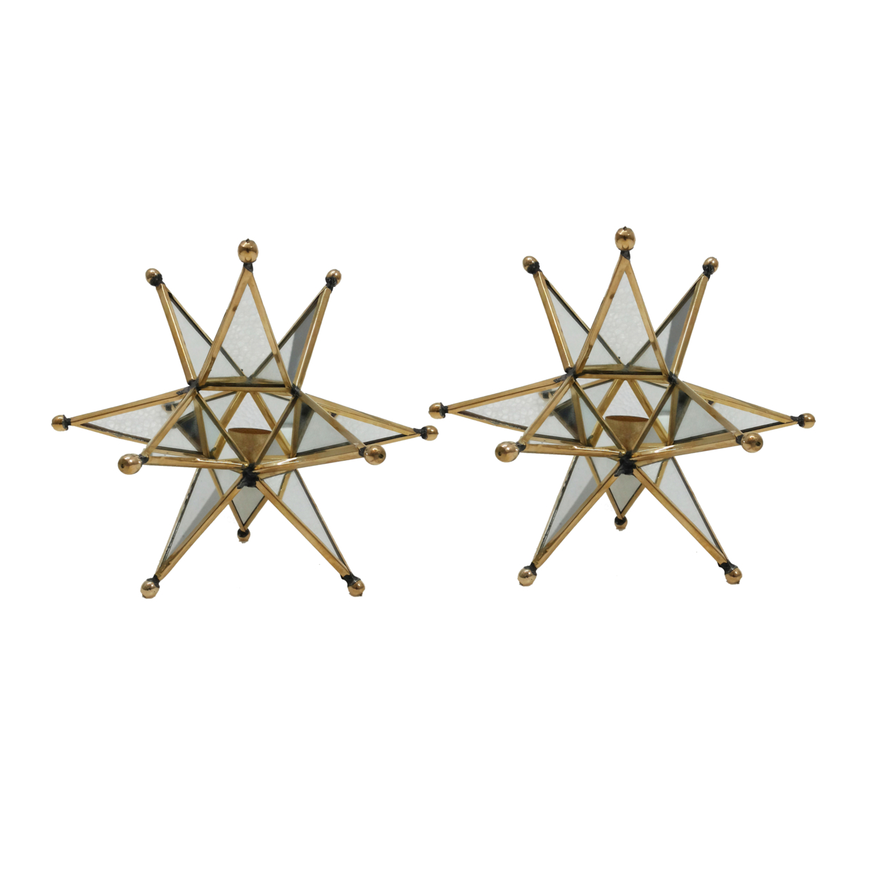 Set Of 2 Candle Holders, Golden Star Style Accent Table Decorations, Glass- Saltoro Sherpi