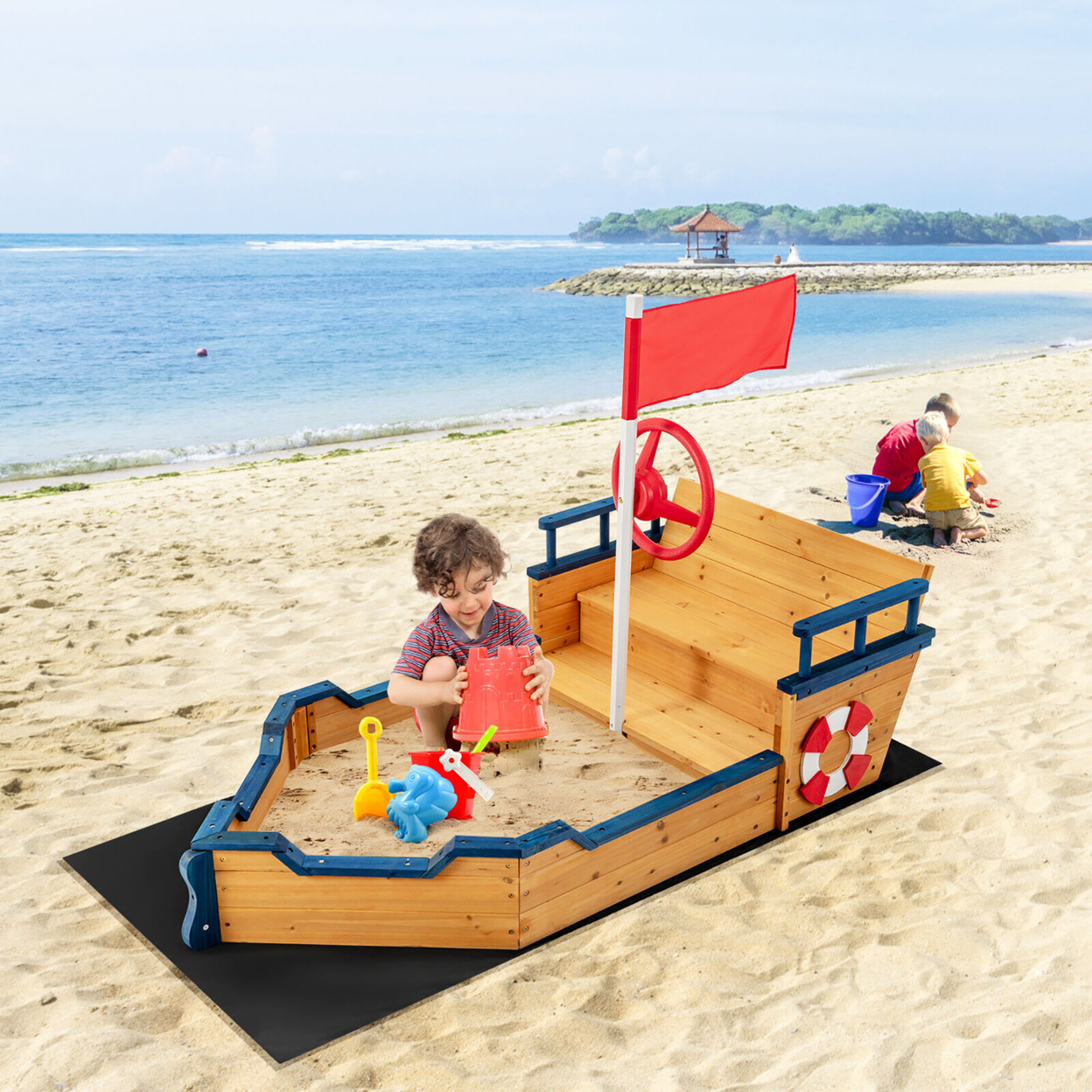 Kids Pirate Boat Wooden Sandbox Non-Woven Fabric Liner Children Outdoor Playset