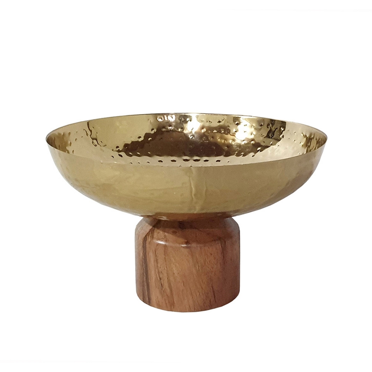 Roe 10 Inch Medium Acacia Wood Table Bowl, Steel, Decorative, Gold, Brown- Saltoro Sherpi