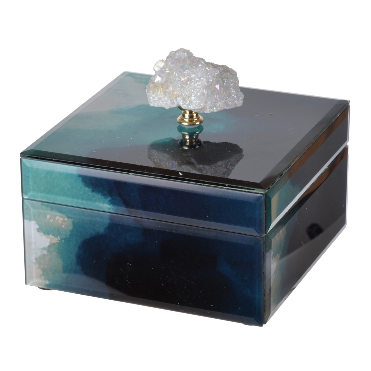 Eve 6 Inch Decorative Accessory Box, Elegant Stone With Finial Accent, Blue- Saltoro Sherpi