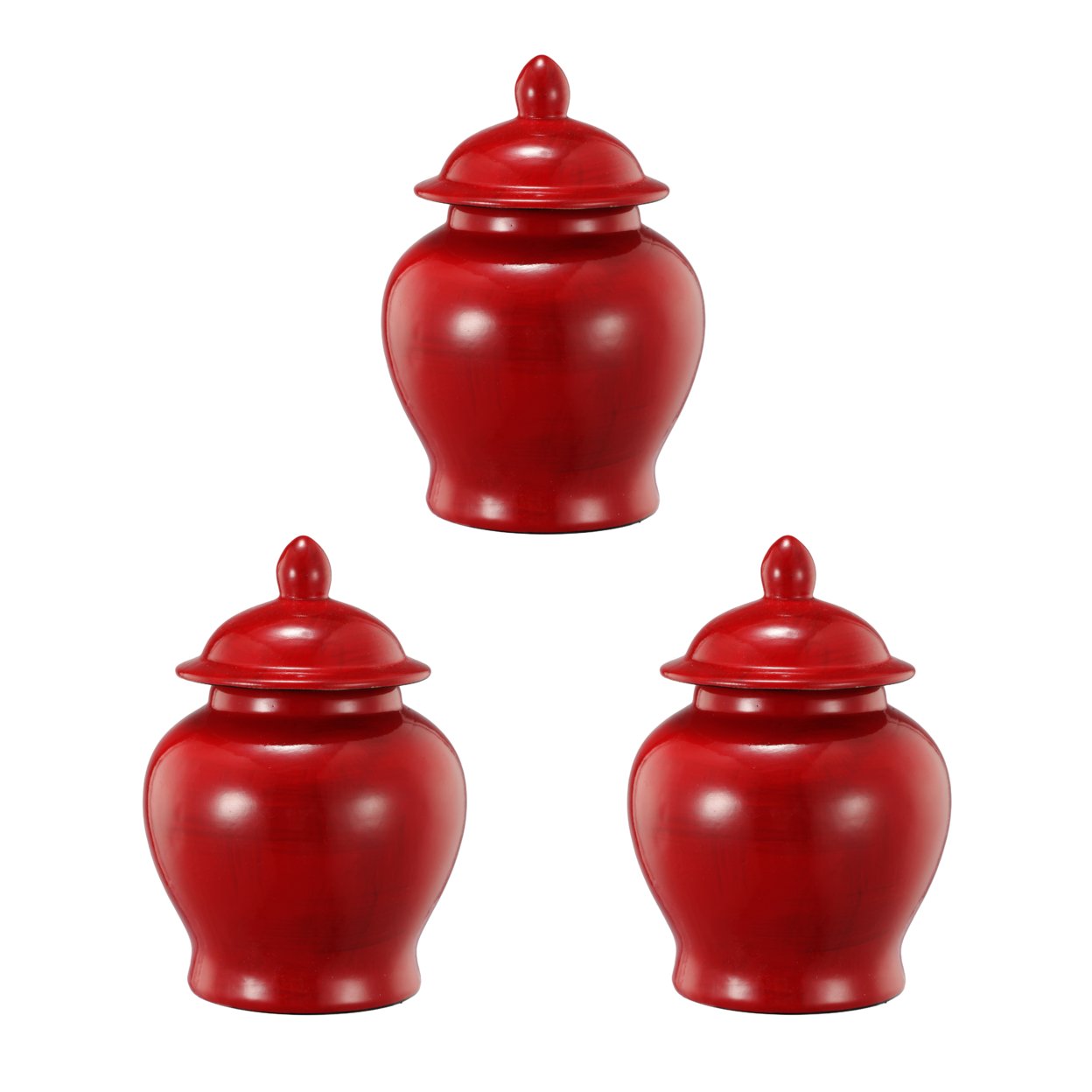 6 Inch Small Ginger Jar, Lidded, Porcelain, Bell Shape Set Of 3, Red, Saltoro Sherpi