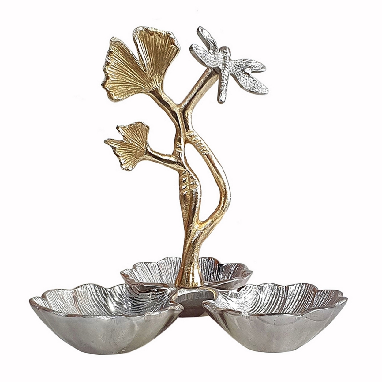 Keva 9 Inch Decorative Bowl, Curved Leaf Design, 2 Tone Gold, Silver Finish, Saltoro Sherpi