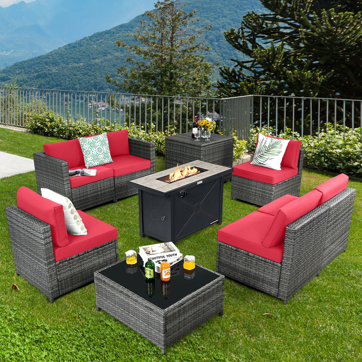 9 PCS Patio Rattan Furniture Set Fire Pit Table Storage Black W/ Cover - Red