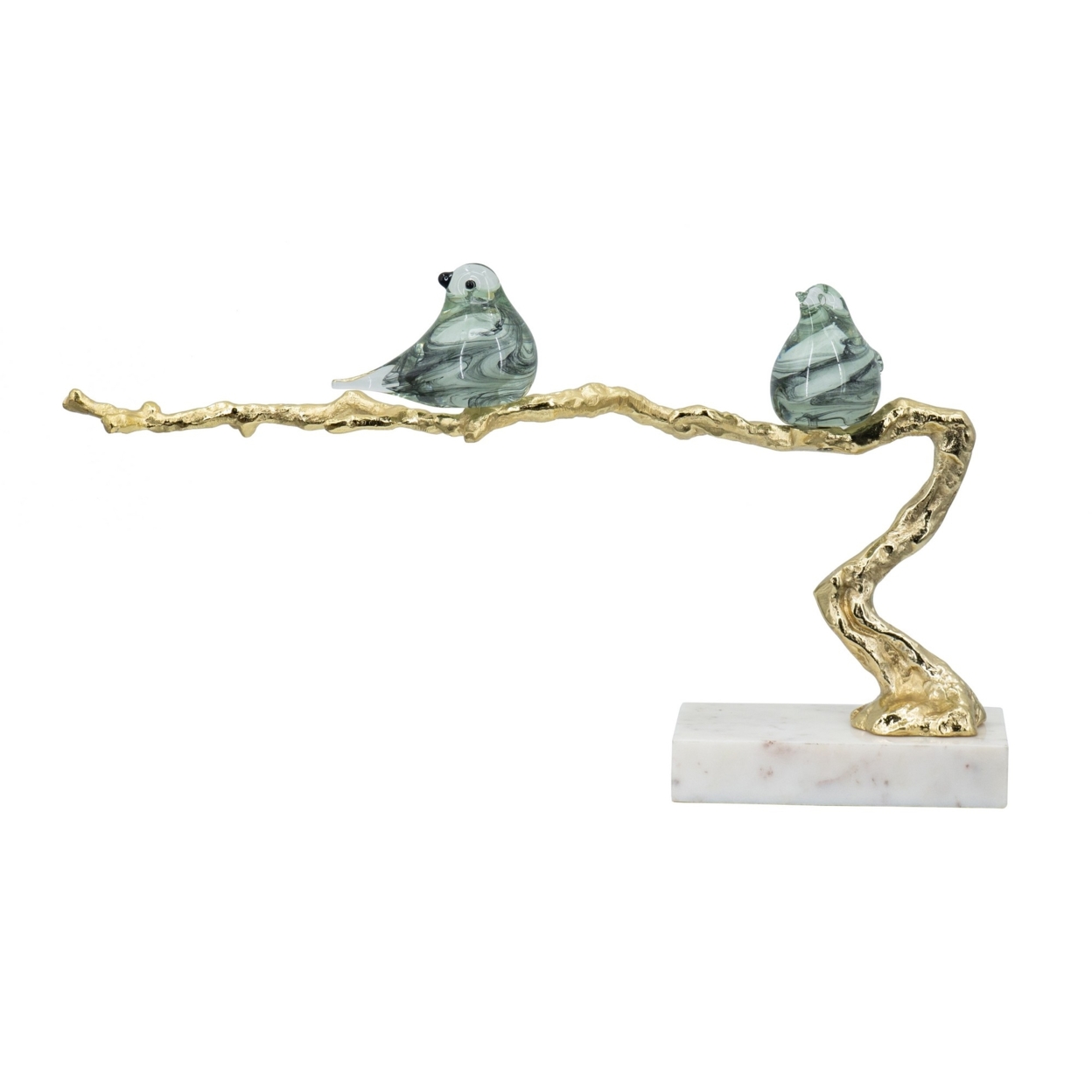 Sue 25 Inch Accent Decor Sculpture, 2 Birds Sitting On Branch, Gold, White- Saltoro Sherpi