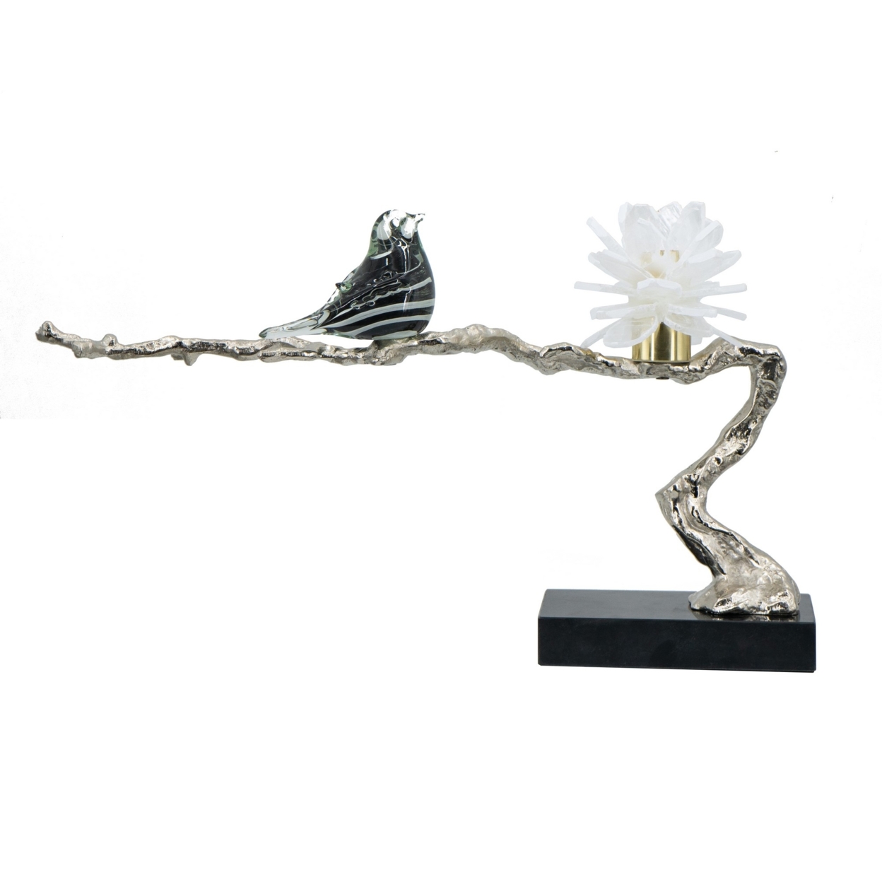 Sue 25 Inch Accent Decor Sculpture, Branch, Flower, And Bird, Silver, Black- Saltoro Sherpi