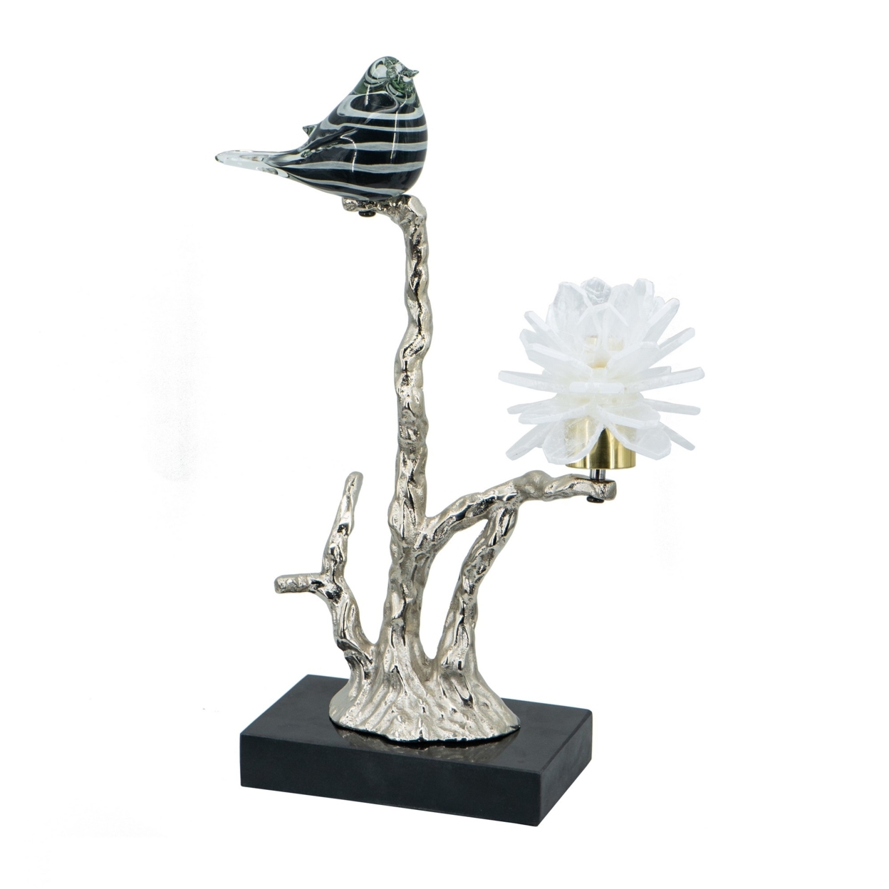 Sue 15 Inch Accent Decor Figurine, Bird On A Branch, Flower, Black, Silver- Saltoro Sherpi