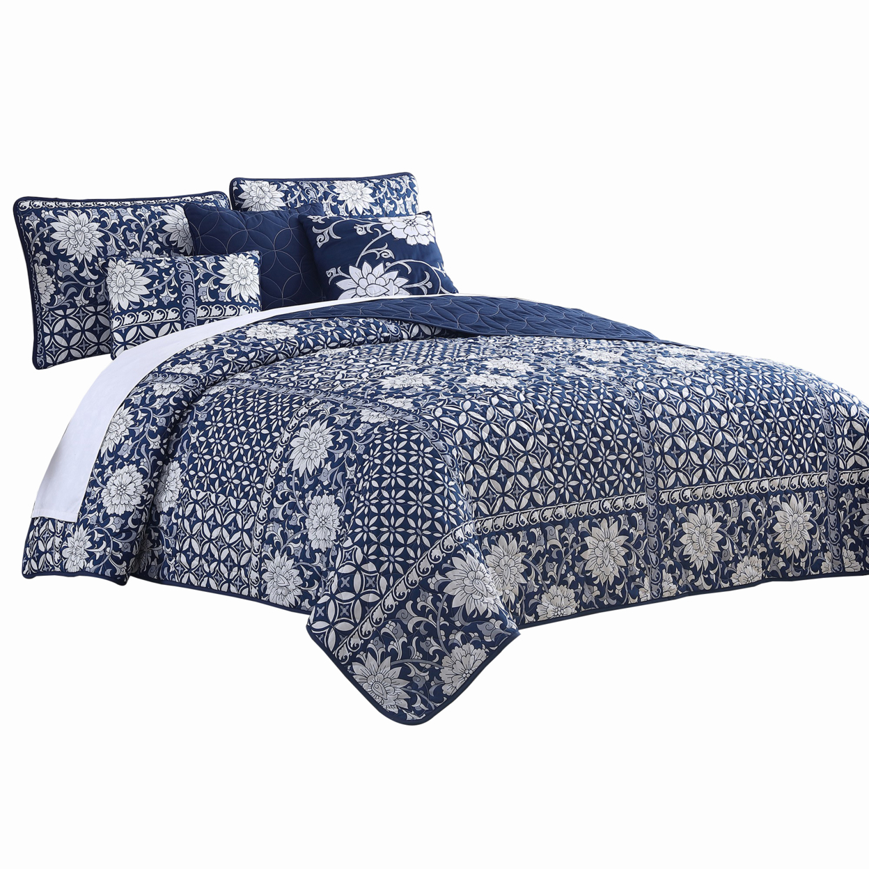 Ann 6 Piece Queen Size Polyester Quilt Set, Flowers, Reversible, Navy Blue- Saltoro Sherpi