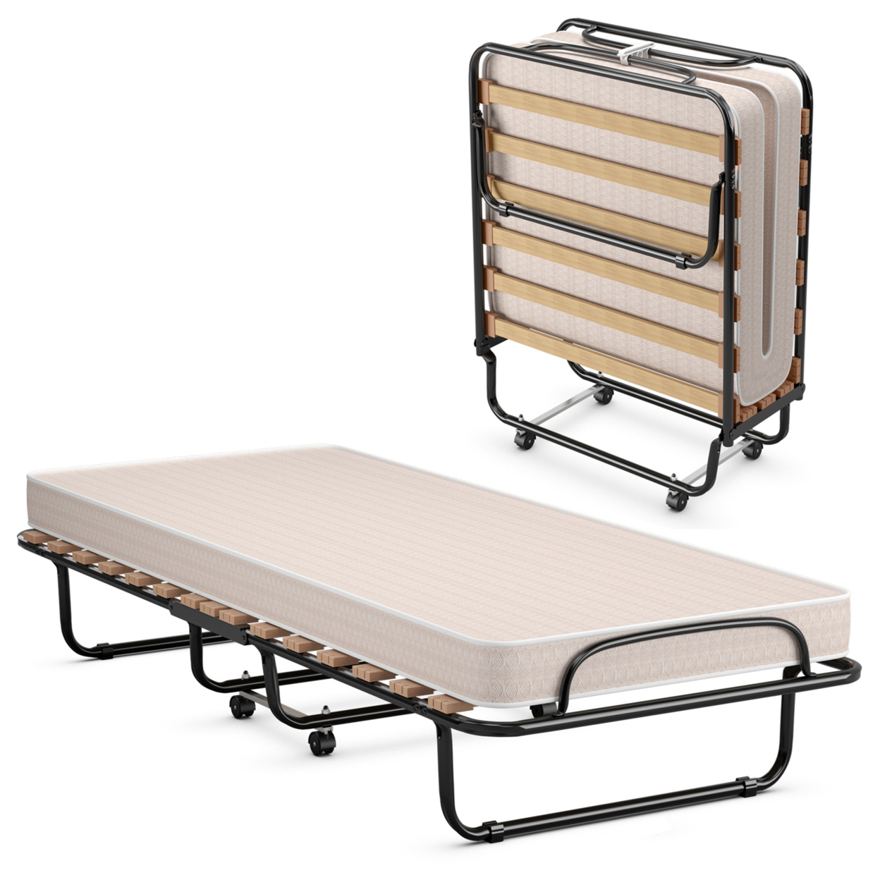 Folding Bed Rollaway Metal Guest Bed Sleeper Made In Italy W/ Memory Foam Mattress - Beige