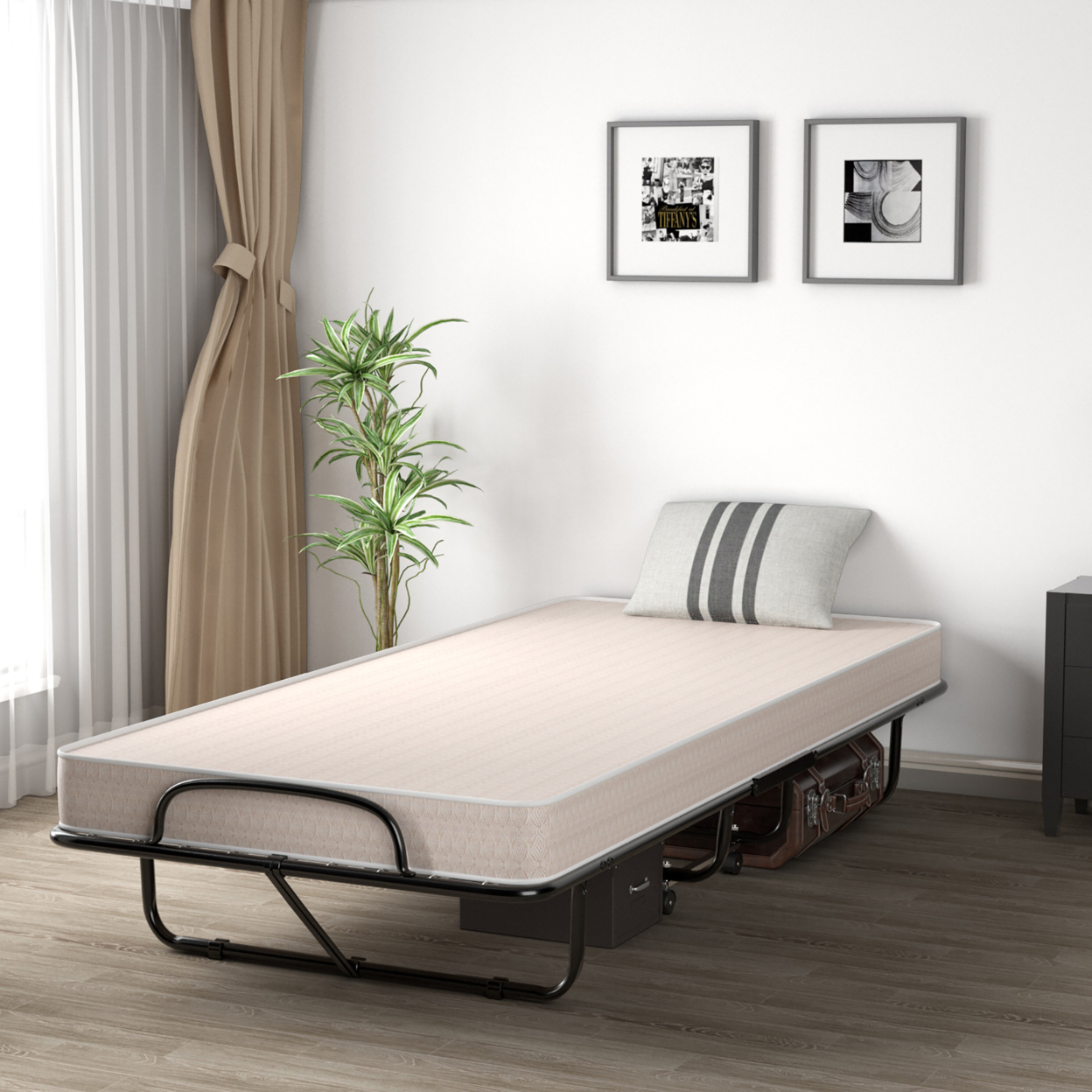 Folding Bed With Mattress Portable Rollaway Guest Cot Memory Foam Made In Italy Beige
