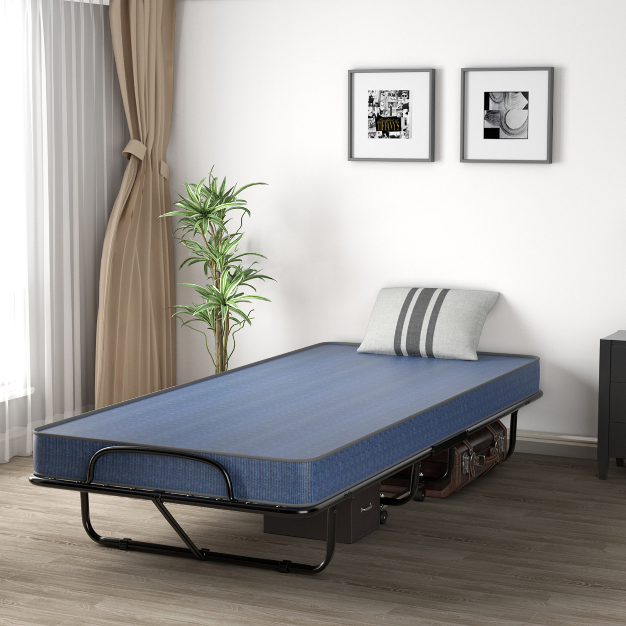 Folding Bed With Mattress Portable Rollaway Guest Cot Memory Foam Made In Italy Navy