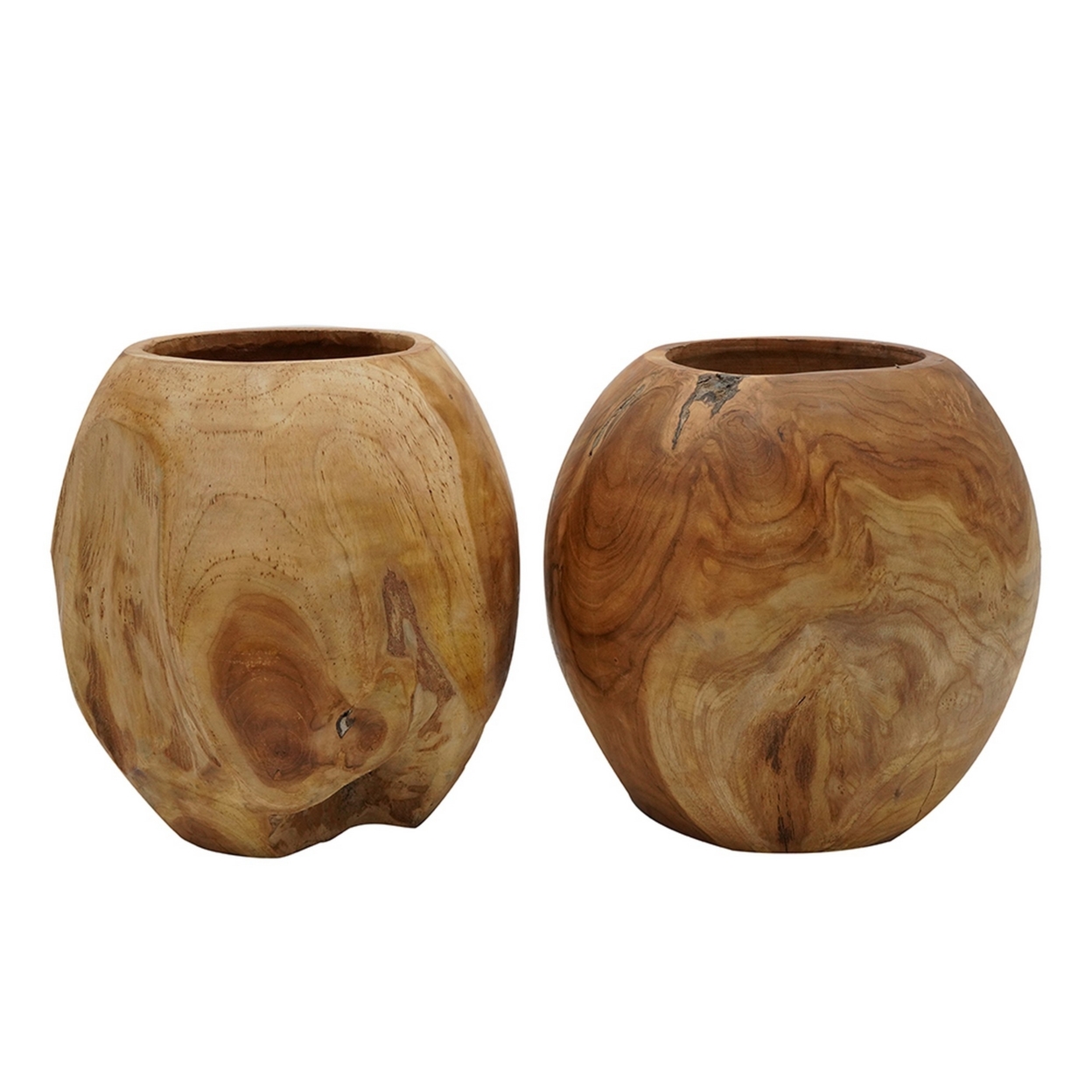 Set Of 2 Decorative Teak Wood Table Bowls, Accent Piece, Brown FInish- Saltoro Sherpi