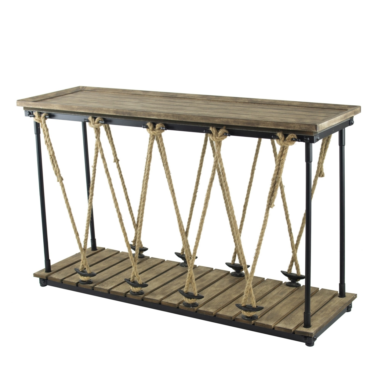 52 Inch Console Table, Rustic Plank Top With Crossed Rope Design, Brown- Saltoro Sherpi