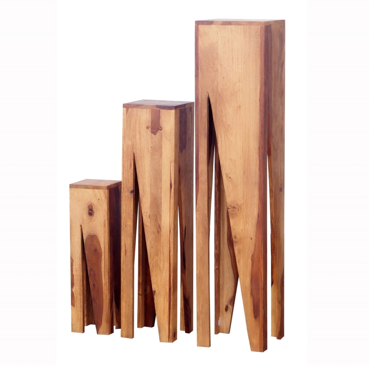 45, 34, 22 Inch Pedestal Table Stand, Set Of 3, V Cut Sheesham Wood, Brown- Saltoro Sherpi