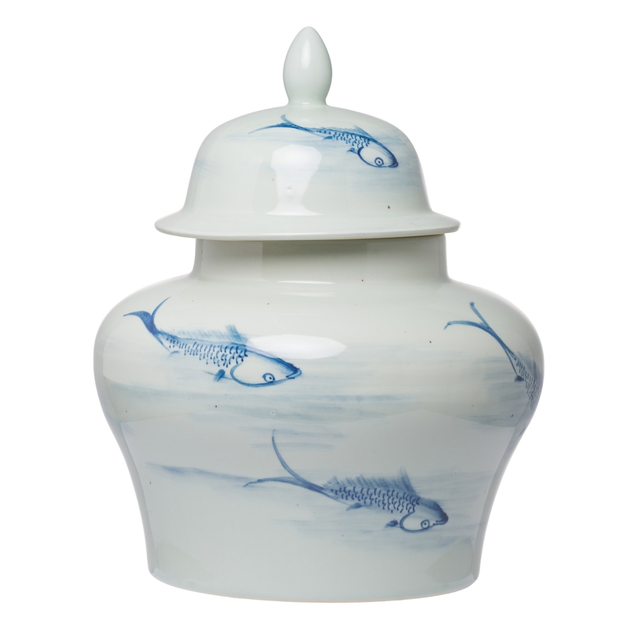 18 Inch Porcelain Ginger Jar, Artful Wispy Fish, Classic White And Blue- Saltoro Sherpi