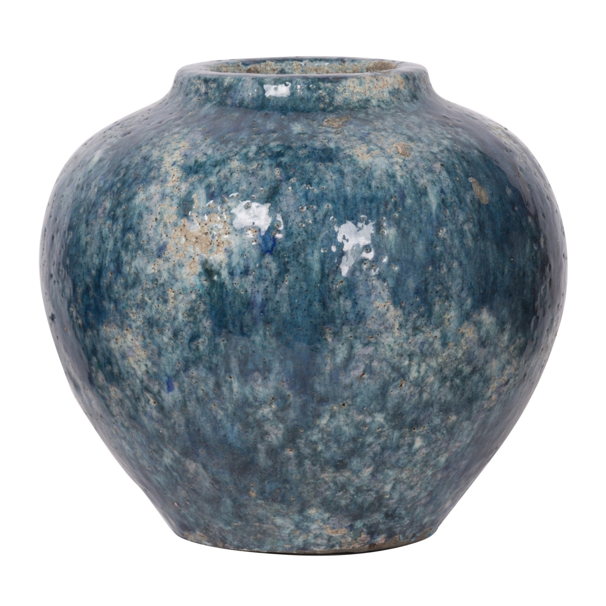 10 Inch Small Round Terracotta Vase, Subtly Curved, Textured Blue Finish- Saltoro Sherpi