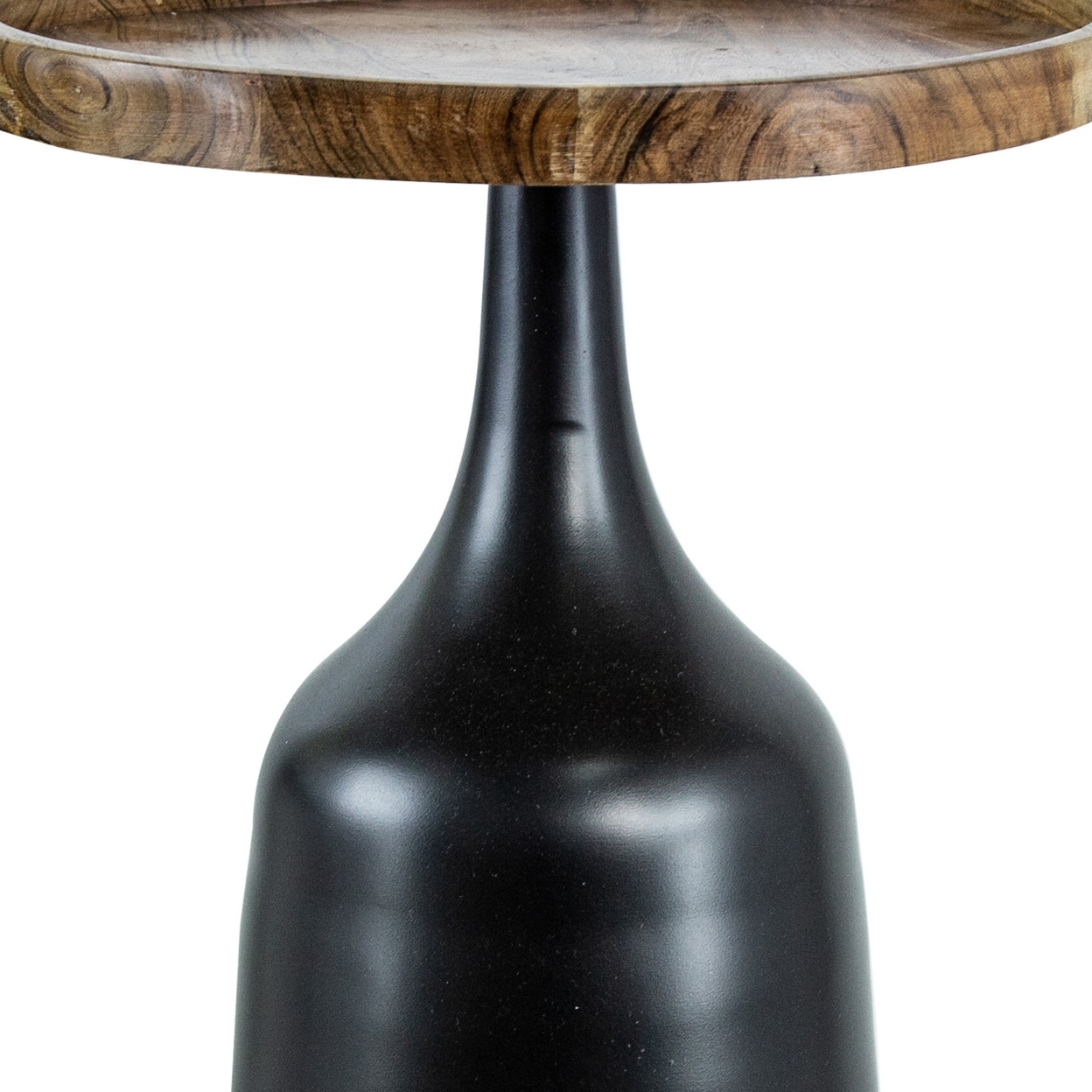 20, 17 Inch Side Table, Acacia Wood, Flared Pedestal Base, Aluminum, Black, Saltoro Sherpi