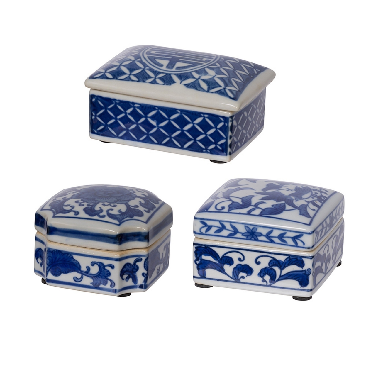 Set Of 3 Decorative Boxes, White And Blue Porcelain Pottery, Floral Designs- Saltoro Sherpi