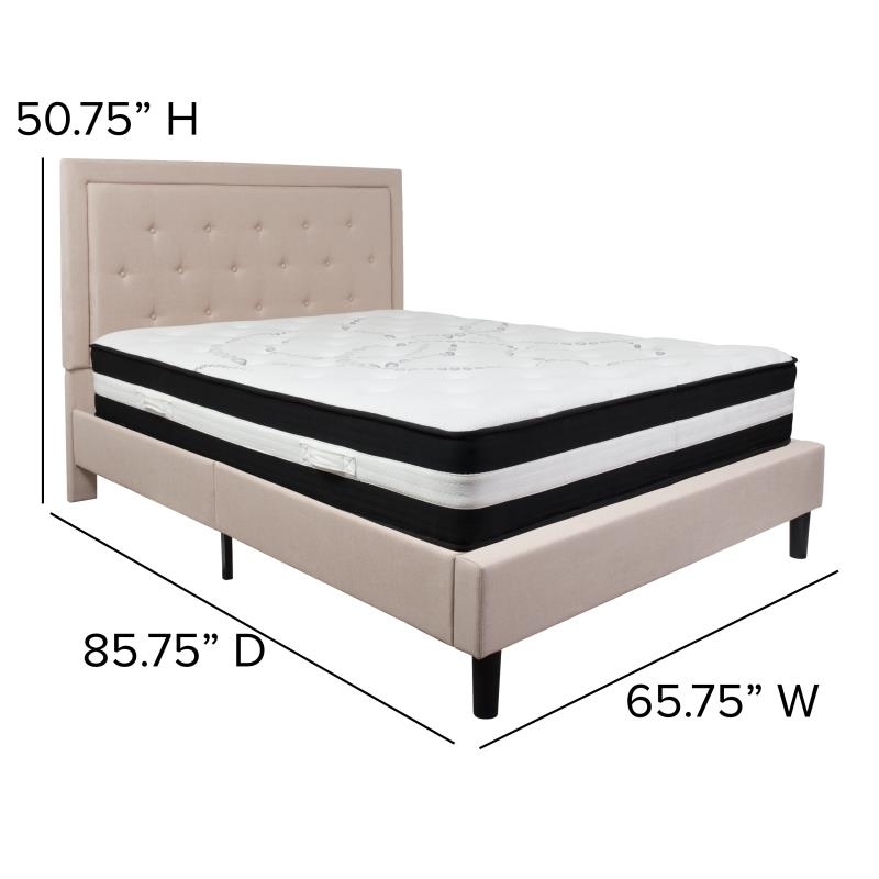 Roxbury Queen Size Tufted Upholstered Platform Bed In Beige Fabric With Pocket Spring Mattress
