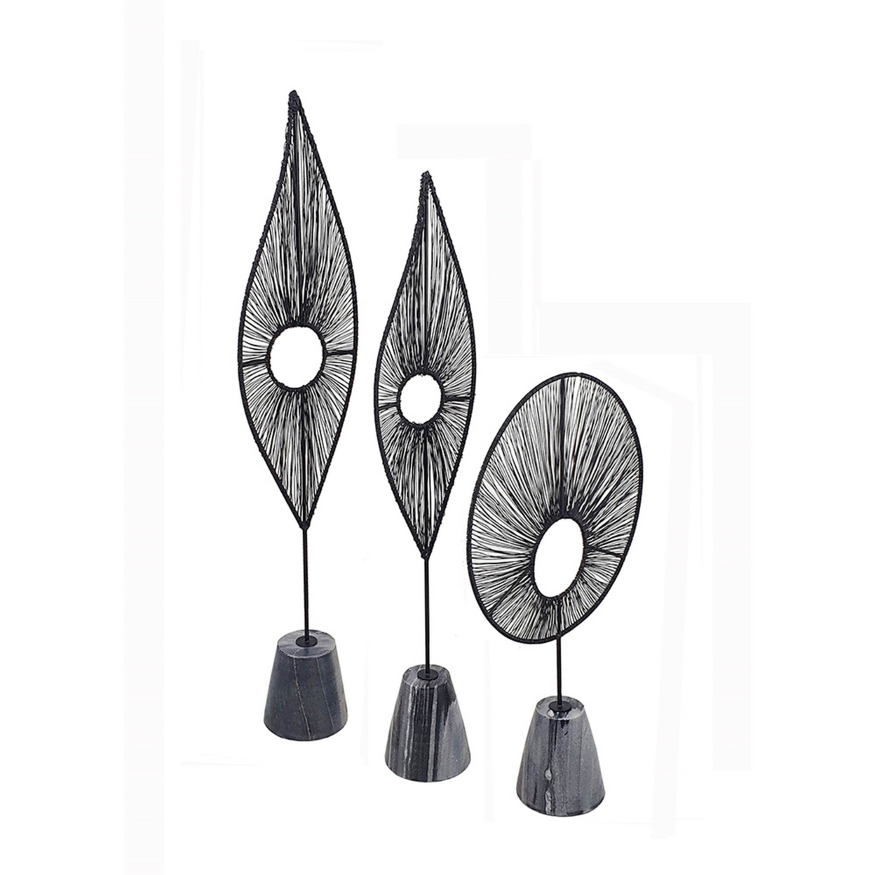 Set Of 3 Decoratie Statuettes, Leaf Design, Marble Base And Iron, Black- Saltoro Sherpi
