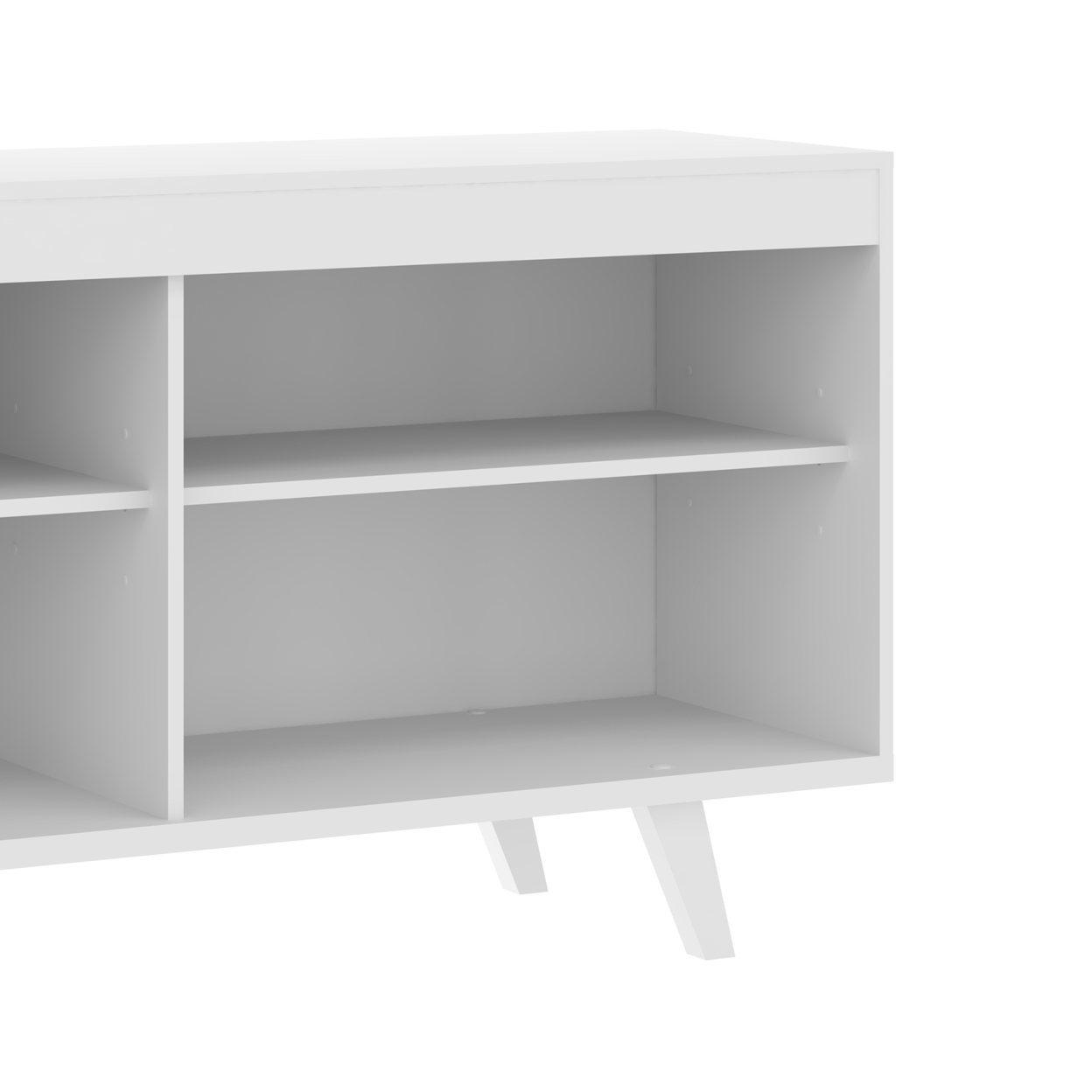 58 Inch Handcrafted Wood TV Media Entertainment Center Console, 4 Open Compartments, Angled Legs, White, Saltoro Sherpi