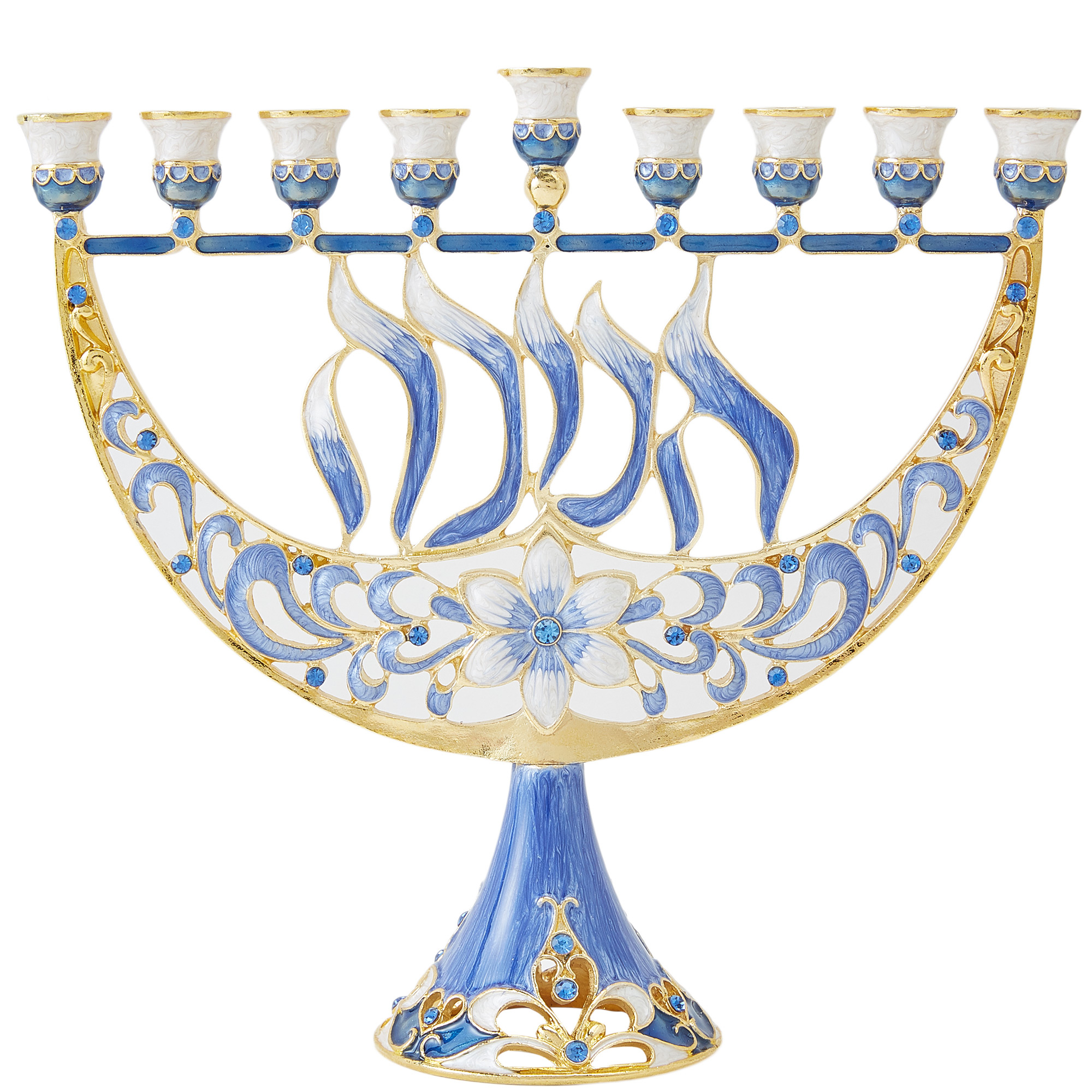 Matashi Hand Painted Enamel Menorah Candelabra With A Flower And Hanukkah Design And Embellished With Gold Accents And High Quality Crystals