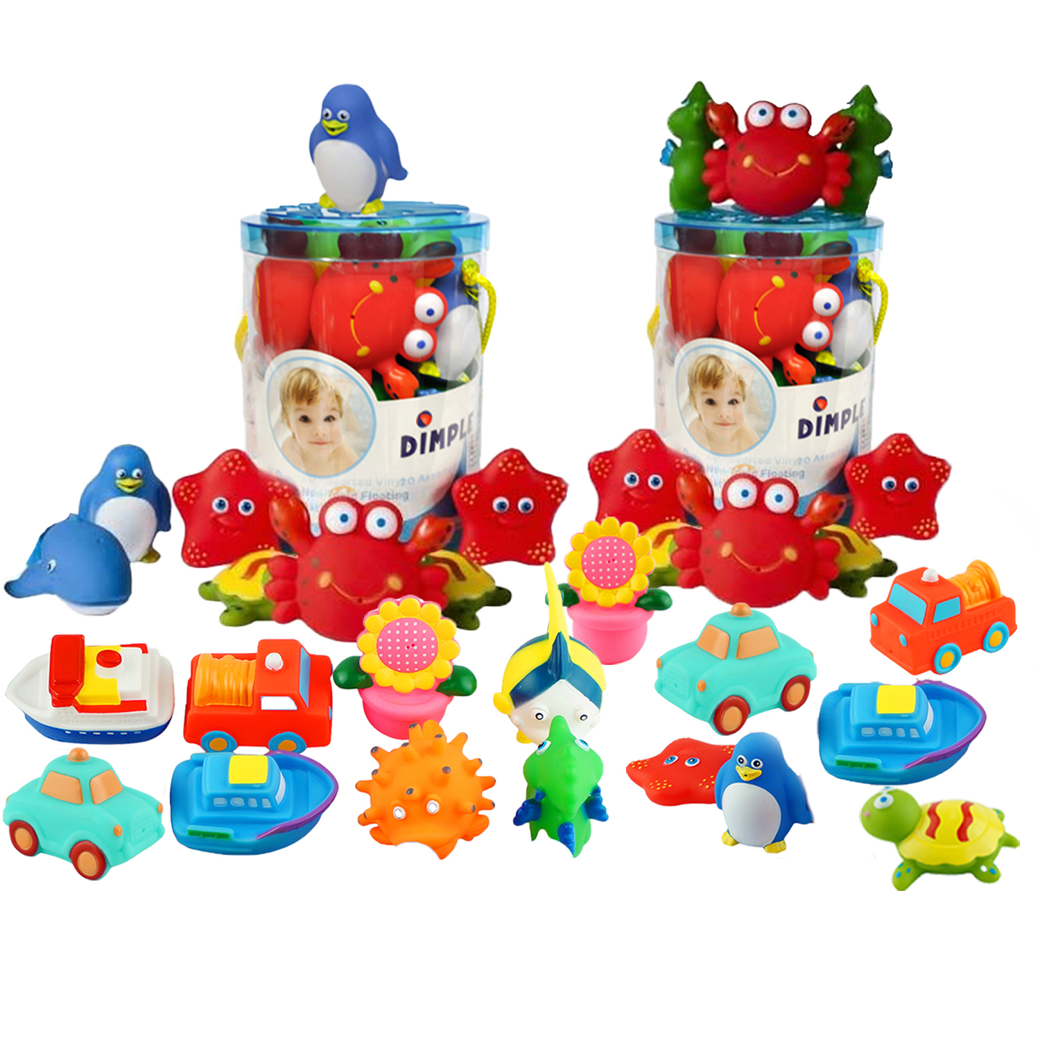 Dimple Set Of 40 Floating Bath Toys With 40 Different Sea Animals, Vehicles And Shapes, Squirter Toys For Boys And Girls, Tons Of Fun!