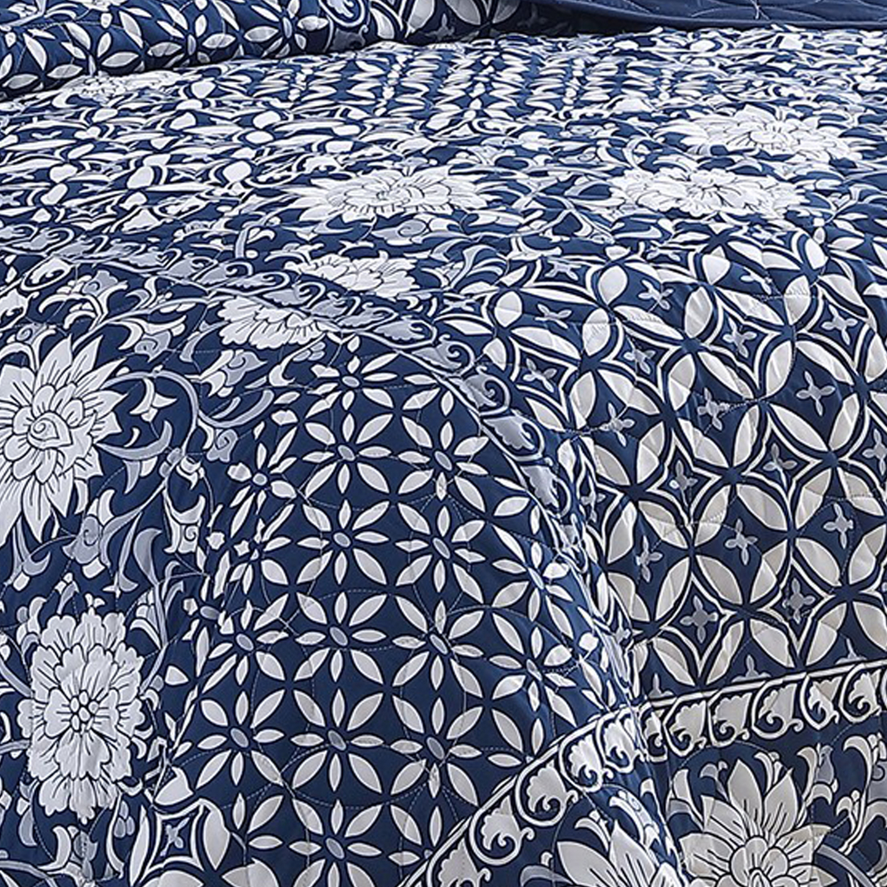 Ann 6 Piece King Size Polyester Quilt Set, Flowers, Reversible, Navy Blue- Saltoro Sherpi