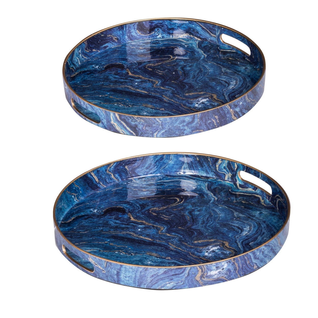 Set Of 2 Round Accent Trays, Tabletop Decor, Marbling, Blue, Gold Marbling- Saltoro Sherpi