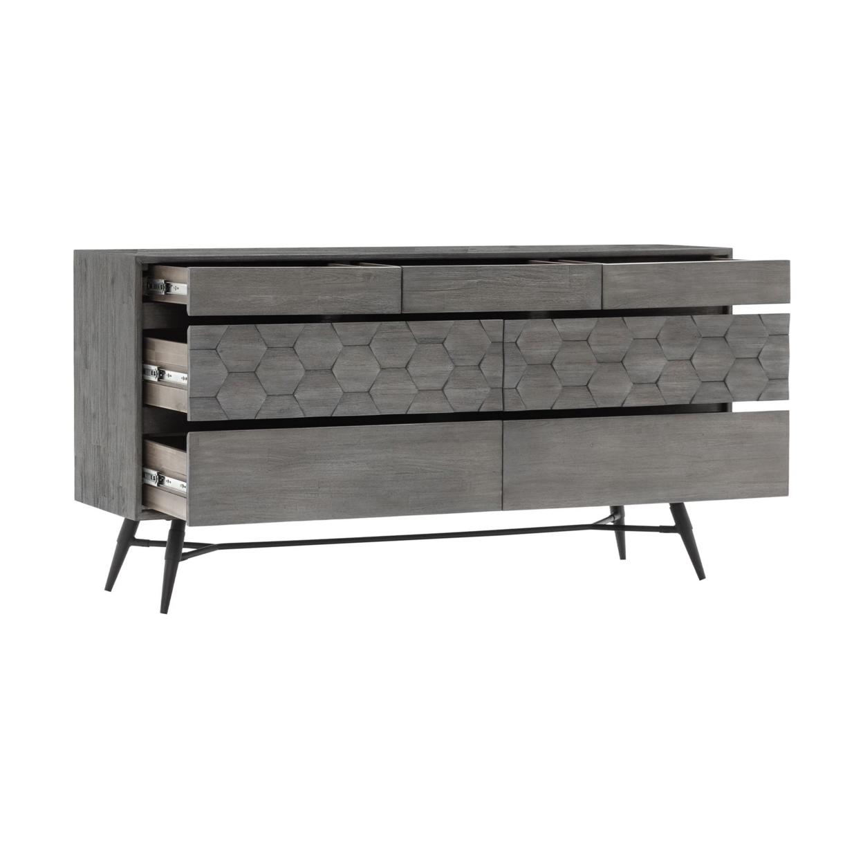 Amber 61 Inch Modern Dresser, 6 Drawers, Metal Splayed Legs, Gray- Saltoro Sherpi
