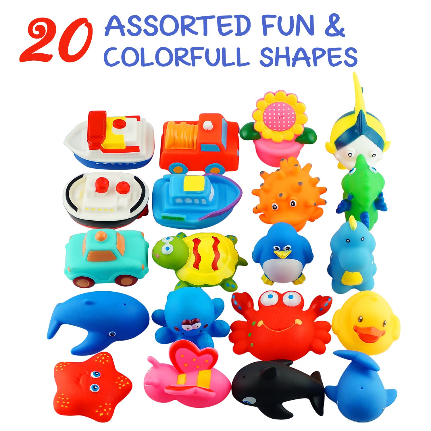 Dimple Set Of 20 Floating Bath Toys With 20 Different Sea Animals, Vehicles & Shapes, Squirter Toys For Kids, Squeeze To Spray!