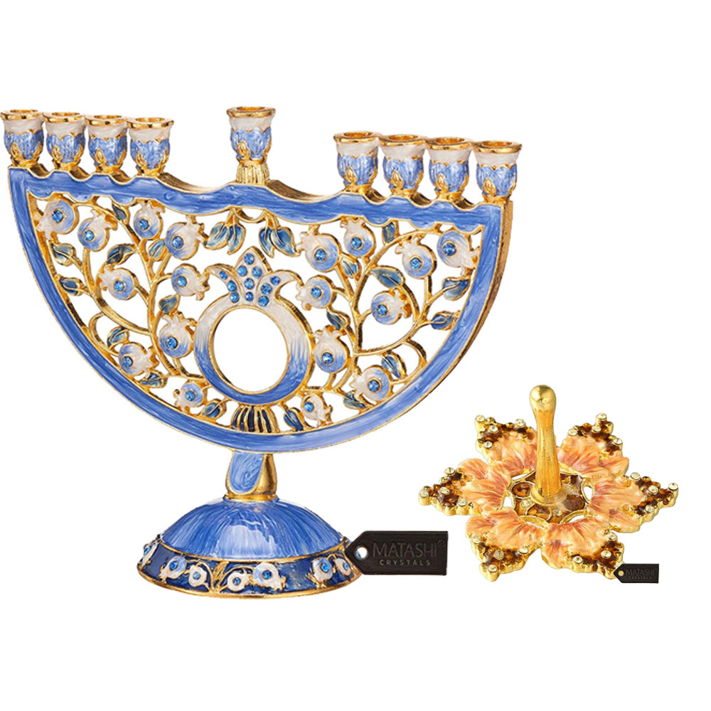 Matashi Hand-Painted Spinning Dreidel Holiday Ornaments Jewish Decor And Blue Enamel Pomegranate Design Menorah Candelabra