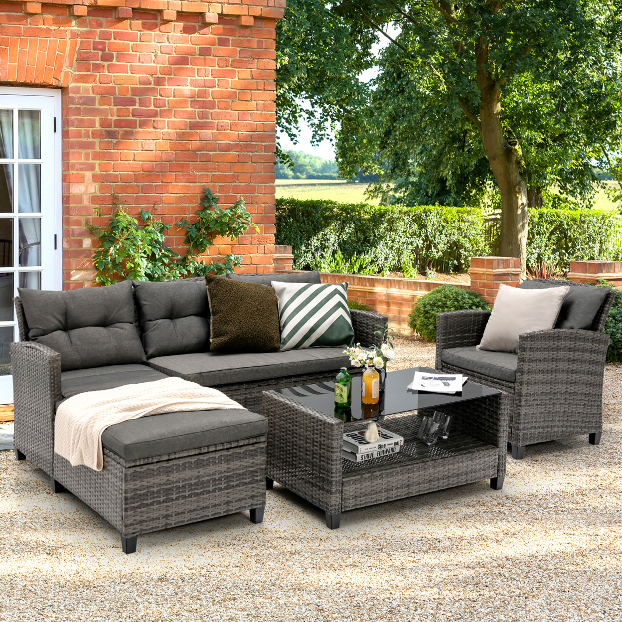4PCS Rattan Patio Conversation Furniture Set Outdoor Sectional Sofa Set