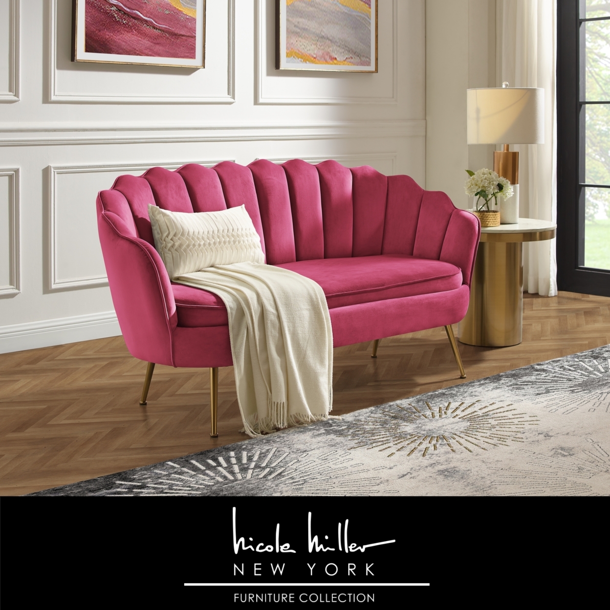 Dallin Loveseat - Upholstered Channel Tufted, Scalloped Edges, Tapered Polished Gold Legs - Fuchsia