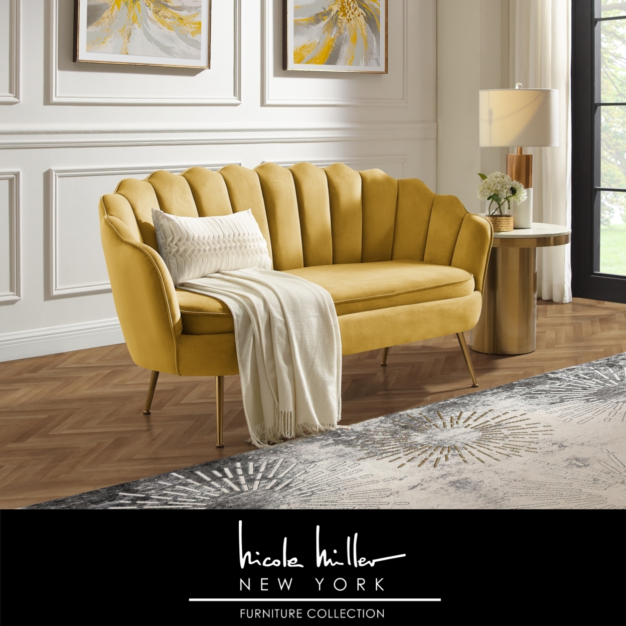 Dallin Loveseat - Upholstered Channel Tufted, Scalloped Edges, Tapered Polished Gold Legs - Yellow