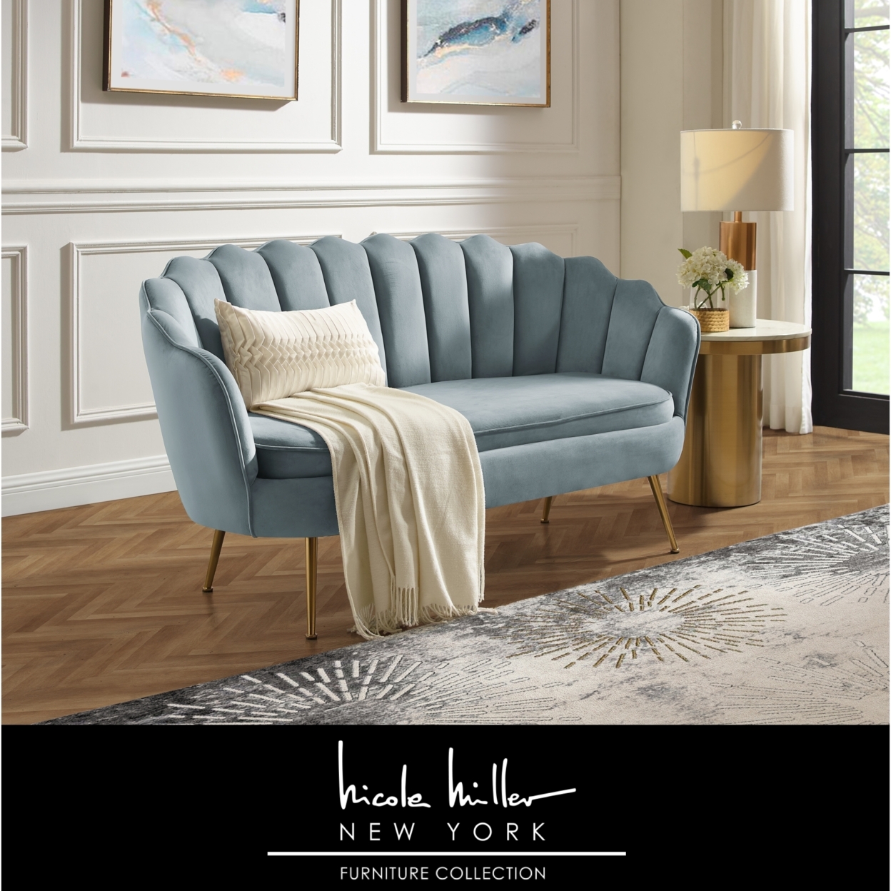 Dallin Loveseat - Upholstered Channel Tufted, Scalloped Edges, Tapered Polished Gold Legs - Light Blue