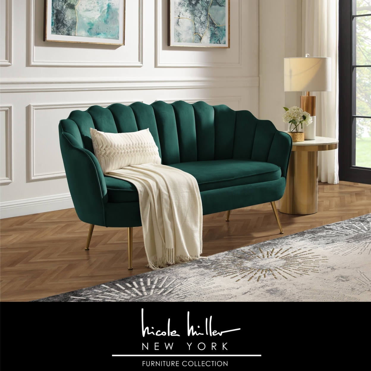 Dallin Loveseat - Upholstered Channel Tufted, Scalloped Edges, Tapered Polished Gold Legs - Hunter Green
