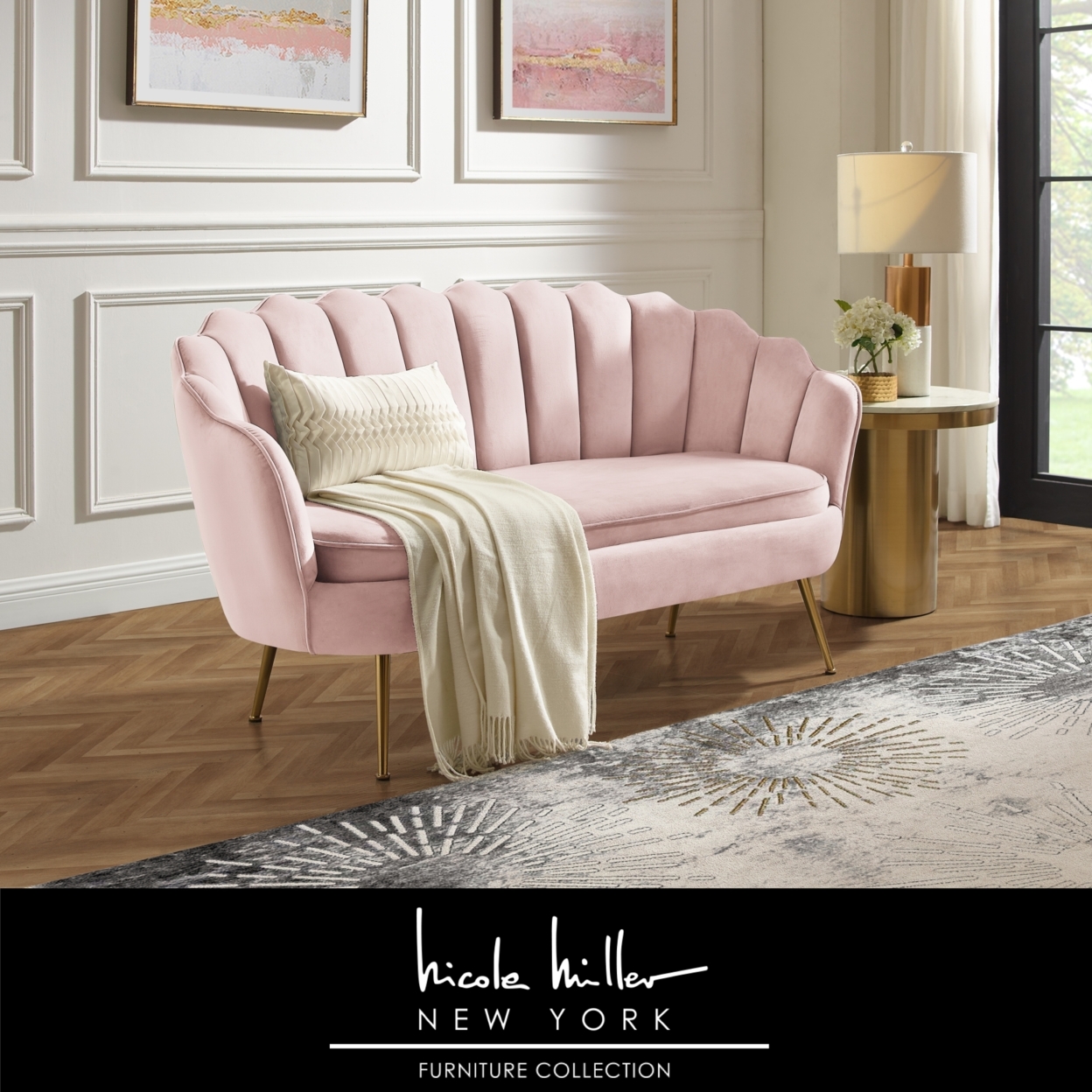 Dallin Loveseat - Upholstered Channel Tufted, Scalloped Edges, Tapered Polished Gold Legs - Blush