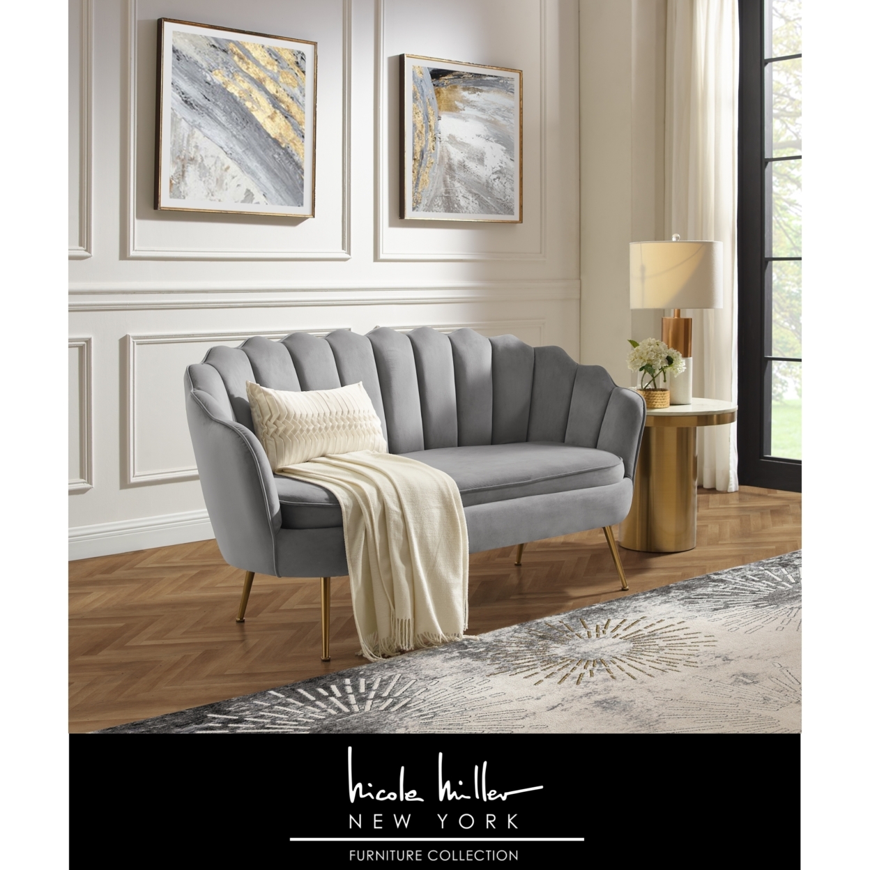 Dallin Loveseat - Upholstered Channel Tufted, Scalloped Edges, Tapered Polished Gold Legs - Grey
