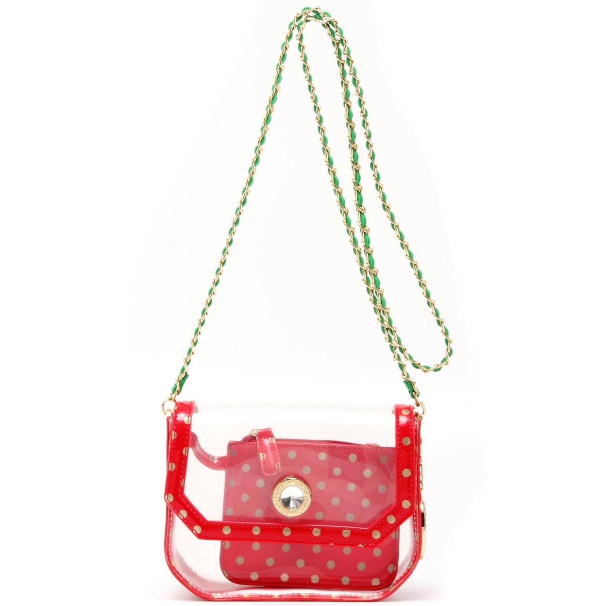 SCORE! Chrissy Small Designer Clear Crossbody Bag - Red, Gold And Green