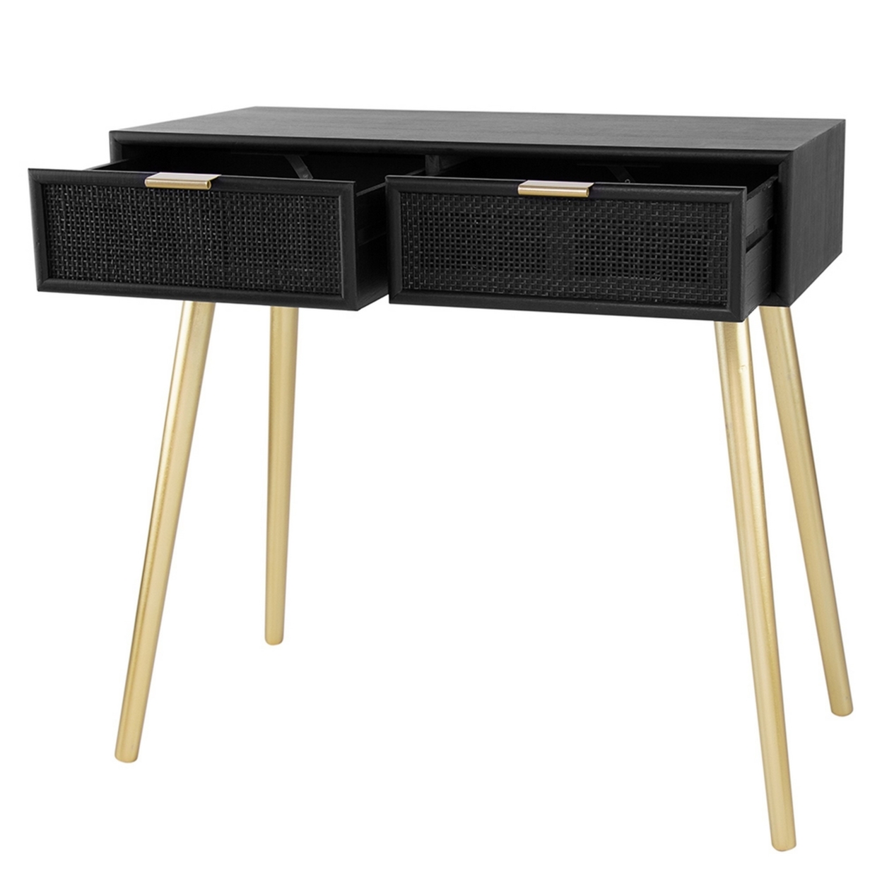 Pia 32 Inch Wood Console Table, 2 Drawers, Woven Rattan Design, Black, Gold, Saltoro Sherpi