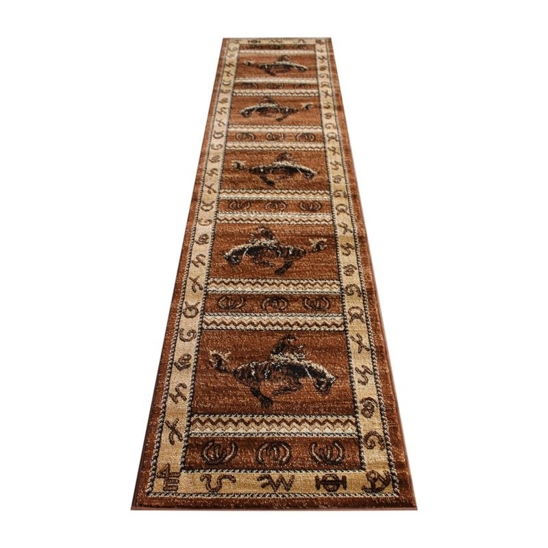 Hoytt Collection Brown 2' X 11' Bucking Bronco Cowboy Area Rug With Jute Backing For Indoor Use