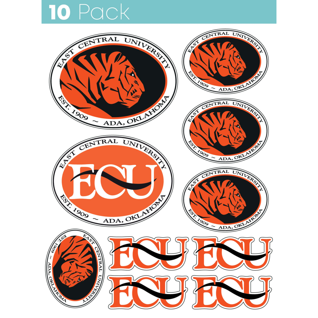 East Central University Tigers 10 Pack Collegiate Vinyl Decal StickerÂ 