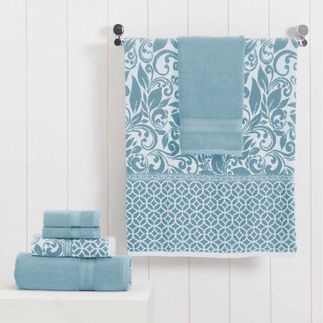 Bev Modern 6 Piece Cotton Towel Set, Jacquard Filigree Pattern, Light Blue- Saltoro Sherpi