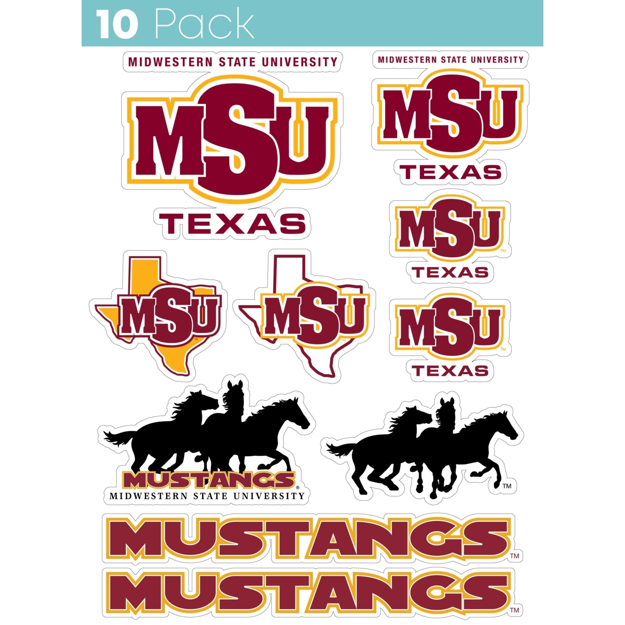 Midwestern State University Mustangs 10 Pack Collegiate Vinyl Decal StickerÂ 