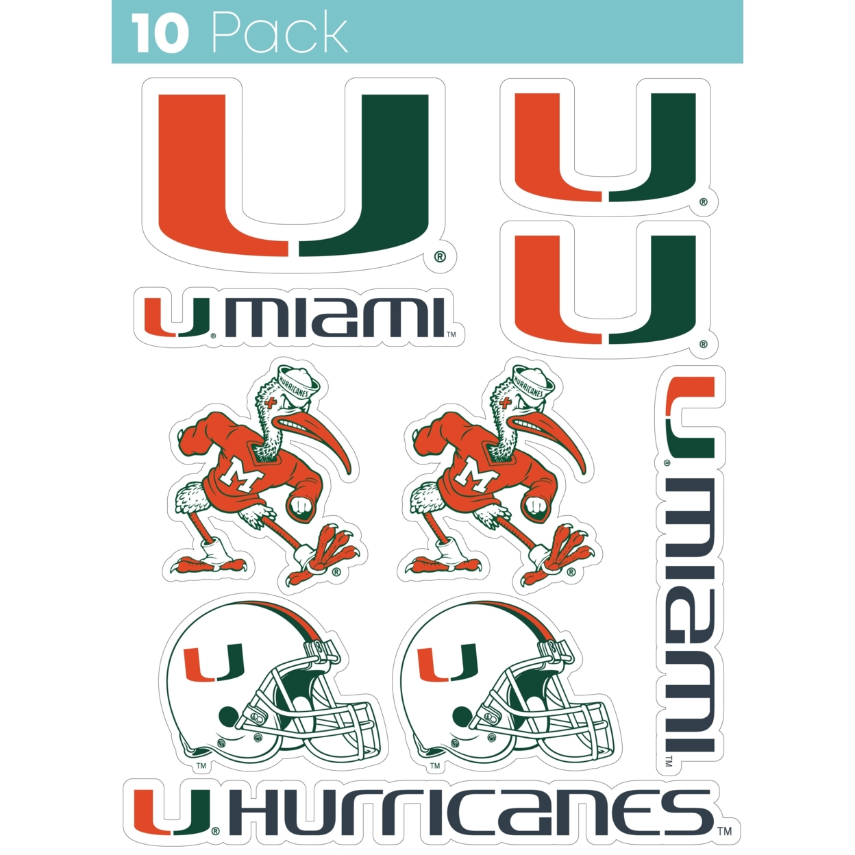 Miami Hurricanes 10 Pack Collegiate Vinyl Decal StickerÂ 