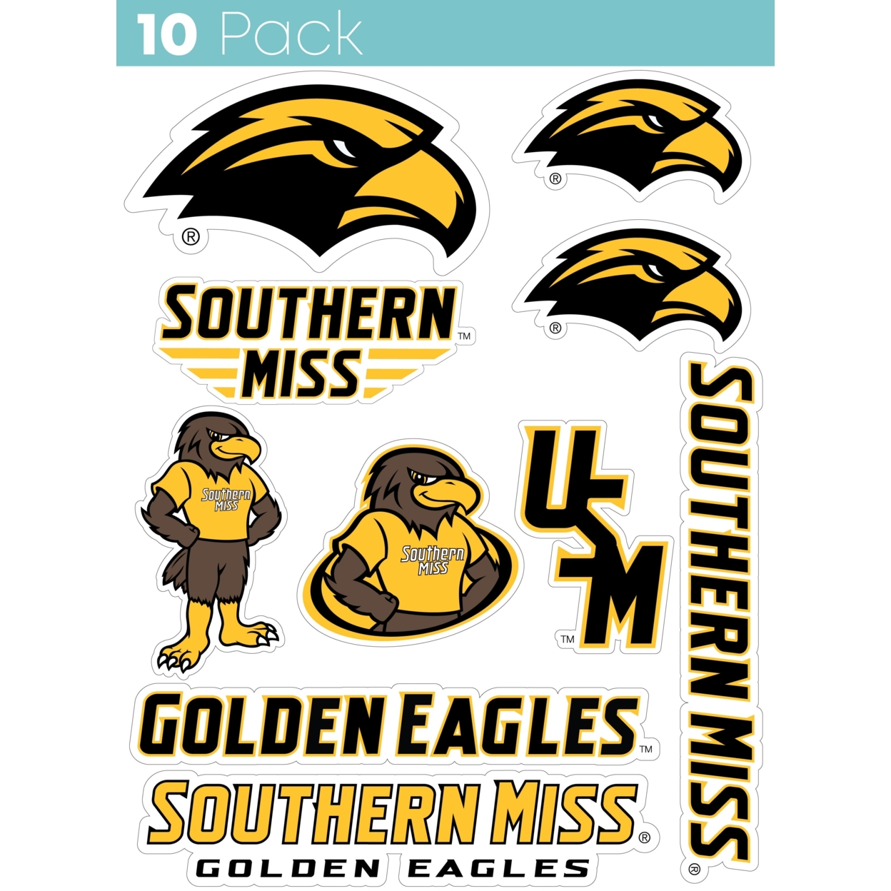 Southern Mississippi Golden Eagles 10 Pack Collegiate Vinyl Decal StickerÂ 